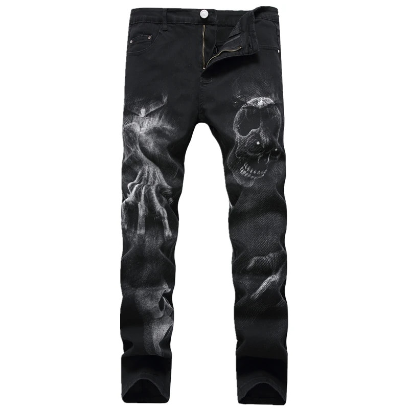 Club de noapte Blugi pentru bărbați cu imprimare 3D Denim cu model de lup negru imprimat punk drept bumbac Pantaloni casual din denim cu imprimare Plus mărimea 28-42
