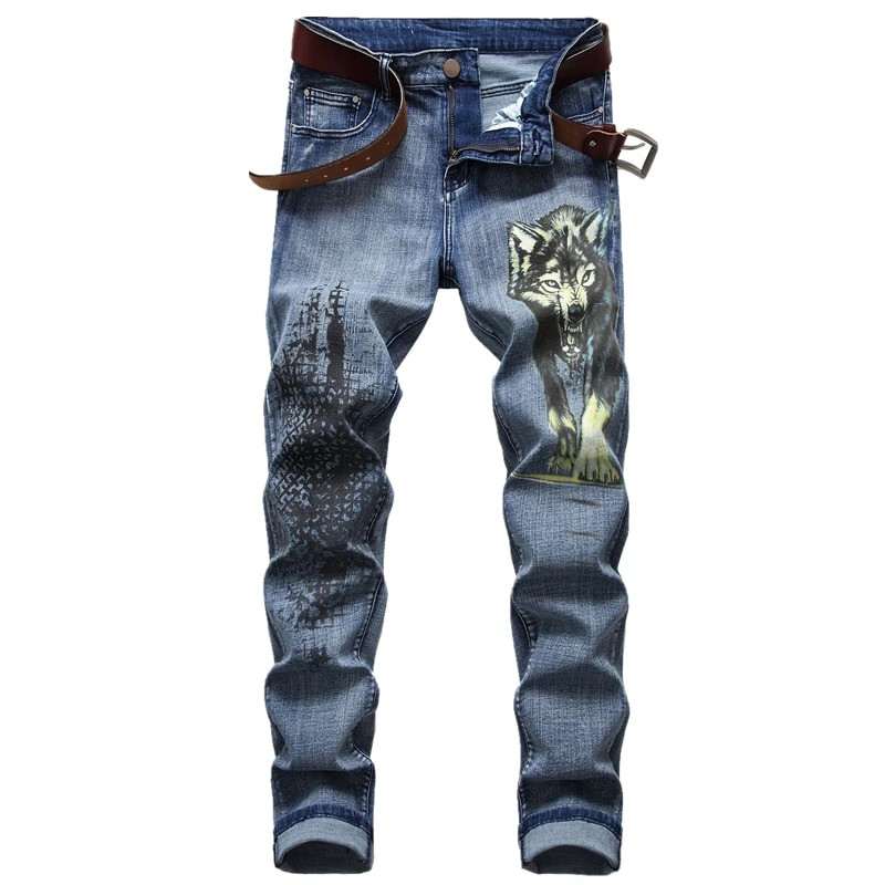 Club de noapte Blugi pentru bărbați cu imprimare 3D Denim cu model de lup negru imprimat punk drept bumbac Pantaloni casual din denim cu imprimare Plus mărimea 28-42