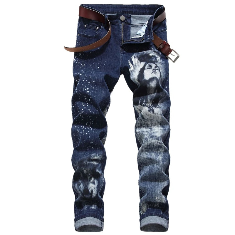 Club de noapte Blugi pentru bărbați cu imprimare 3D Denim cu model de lup negru imprimat punk drept bumbac Pantaloni casual din denim cu imprimare Plus mărimea 28-42