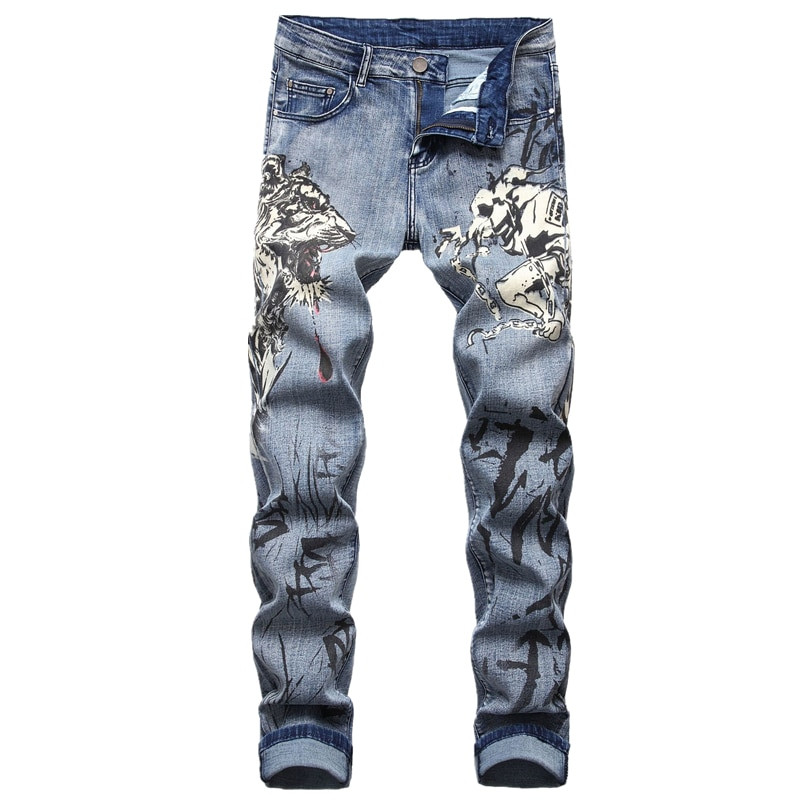 Club de noapte Blugi pentru bărbați cu imprimare 3D Denim cu model de lup negru imprimat punk drept bumbac Pantaloni casual din denim cu imprimare Plus mărimea 28-42