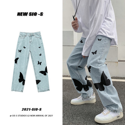 Pánske džínsy s motýľovou potlačou, voľné vrecovité džínsy, ležérne džínsové nohavice, streetwear, rovné módne nohavice, oblečenie, vintage