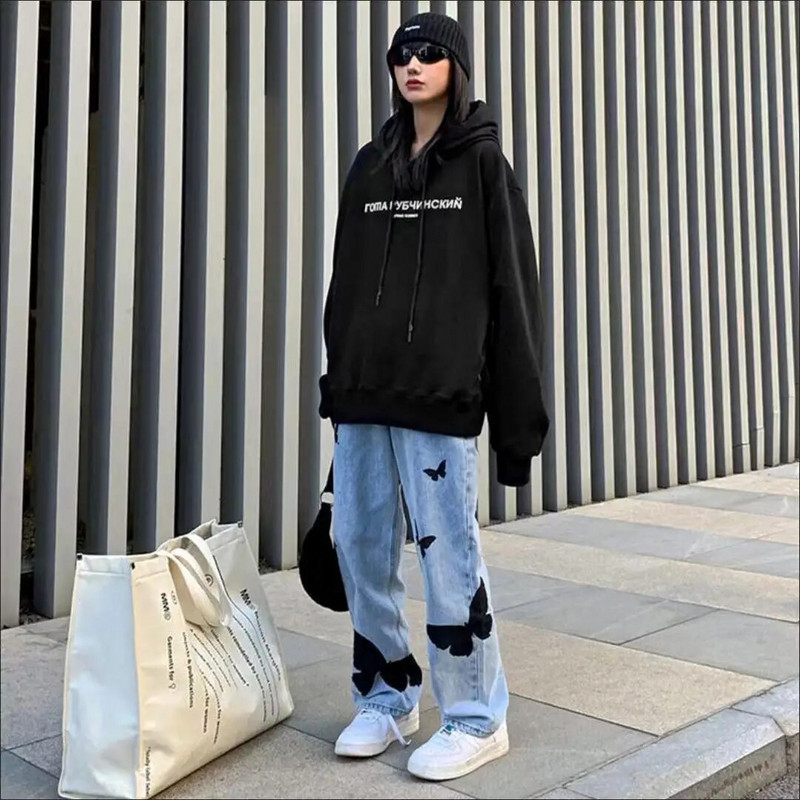 Blugi cu imprimeu fluture Pantaloni bărbați Blugi largi, largi, pantaloni casual din denim, îmbrăcăminte de stradă, pantaloni de modă drepți, îmbrăcăminte vintage