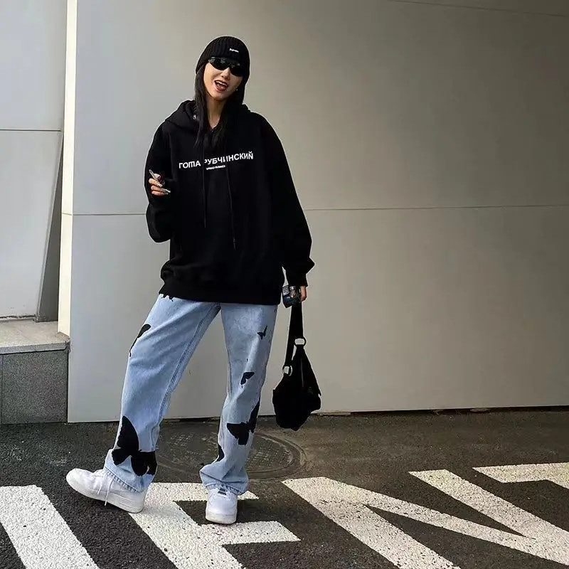 Blugi cu imprimeu fluture Pantaloni bărbați Blugi largi, largi, pantaloni casual din denim, îmbrăcăminte de stradă, pantaloni de modă drepți, îmbrăcăminte vintage