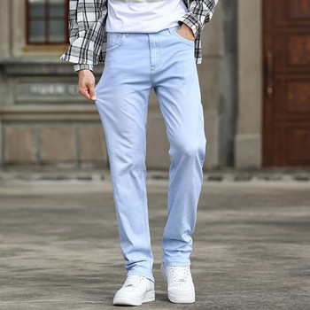 Есен 2023 Нови мъжки небесносини тънки еластични дънки Класически стил Модни ежедневни дънкови панталони Мъжки маркови панталони