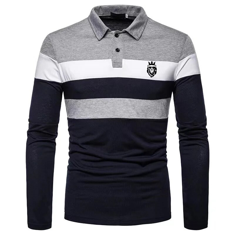 Cămașă polo cu mâneci lungi pentru bărbați, cu imprimeu Leu, în trei culori, tricou, cămașă de golf, bluză, casual, cu rever, haine pentru bărbați
