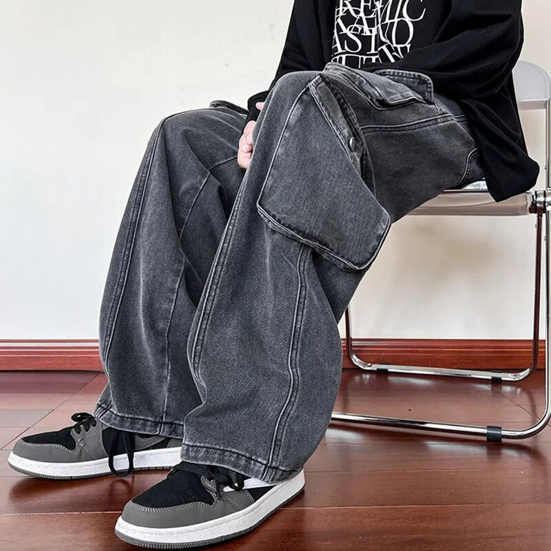 Pánske džínsy Cargo s širokými nohavicami z roku 2024, viacero vreciek, vrecovité džínsové nohavice, hip hop, streetwear, skateboard, neutrálne pánske oblečenie