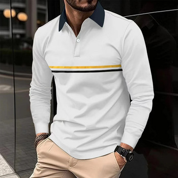 2024 г. Нова мъжка поло риза с дълъг ръкав на райе, мъжка ежедневна поло риза в семпъл стил.