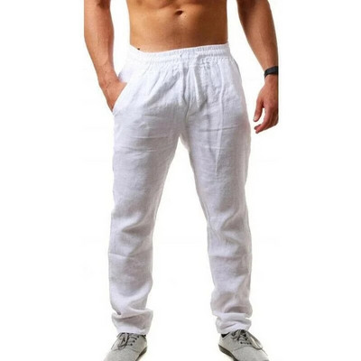 Pantaloni pentru bărbați din bumbac, de vară, de culoare uni, pantaloni de in, respirabili, ocazional, cu talie elastică, pantaloni largi, ocazional, pentru bărbați, Harajuku