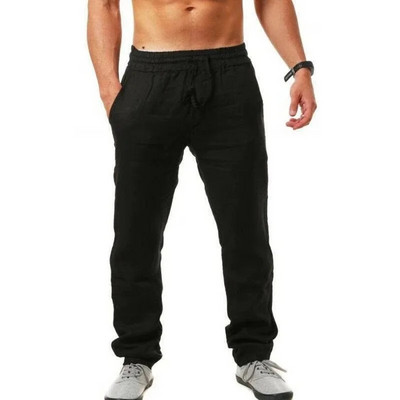 Pantaloni pentru bărbați din bumbac, de vară, de culoare uni, pantaloni de in, respirabili, ocazional, cu talie elastică, pantaloni largi, ocazional, pentru bărbați, Harajuku