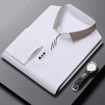 Ανοιξιάτικα και φθινοπωρινά κουμπιά απλότητας Μονόχρωμα μακρυμάνικα μπλουζάκια πόλο με γυριστό γιακά Ανδρικά ρούχα Έξυπνο μπλουζάκι