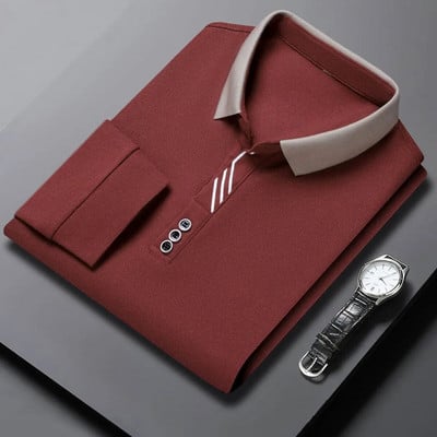 Primăvara și toamna Nasturi simplițe Culoare uni Guler răsturnat Cămăși polo cu mânecă lungă Îmbrăcăminte pentru bărbați Tricou casual inteligent