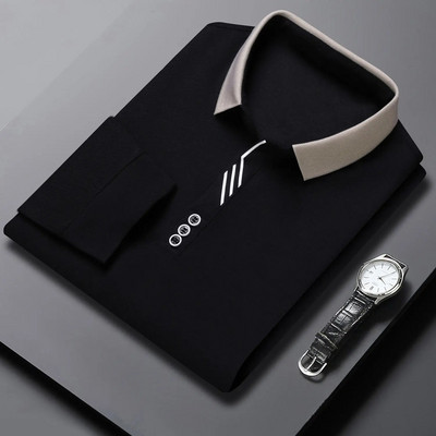 Primăvara și toamna Nasturi simplițe Culoare uni Guler răsturnat Cămăși polo cu mânecă lungă Îmbrăcăminte pentru bărbați Tricou casual inteligent