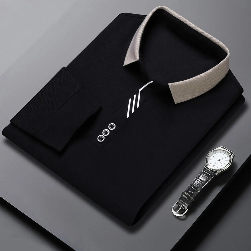 Primăvara și toamna Nasturi simplițe Culoare uni Guler răsturnat Cămăși polo cu mânecă lungă Îmbrăcăminte pentru bărbați Tricou casual inteligent