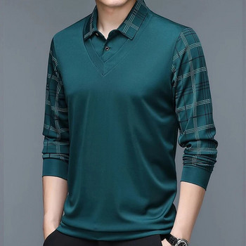 Пролетна мъжка тениска ПОЛО с дълъг ръкав Плюшена удебелена едноцветна риза с отложна яка с карирано копче Модни ежедневни горнища
