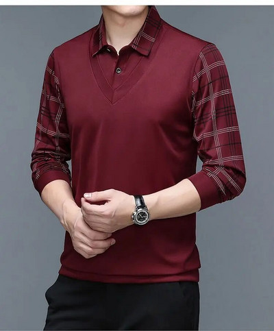 Pánske jarné polo tričko s dlhým rukávom, plyšové zahustené, jednofarebné, s golierom, kockované gombíky, módne ležérne topy