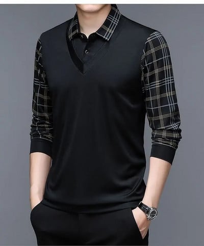 Pánske jarné polo tričko s dlhým rukávom, plyšové zahustené, jednofarebné, s golierom, kockované gombíky, módne ležérne topy