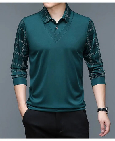 Pánske jarné polo tričko s dlhým rukávom, plyšové zahustené, jednofarebné, s golierom, kockované gombíky, módne ležérne topy
