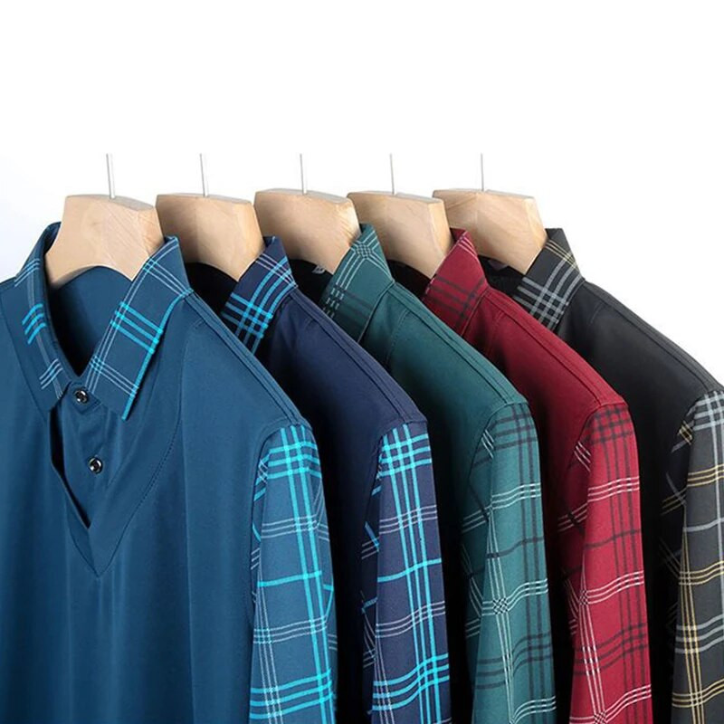 Pánske jarné polo tričko s dlhým rukávom, plyšové zahustené, jednofarebné, s golierom, kockované gombíky, módne ležérne topy