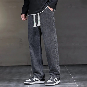 2023 Нови есенно-зимни дънки Мъжки свободни прави шнурове Еластична талия Ежедневни дънкови панталони Мъжки дебели панталони Голям размер M-5XL