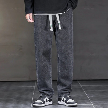 2023 Нови есенно-зимни дънки Мъжки свободни прави шнурове Еластична талия Ежедневни дънкови панталони Мъжки дебели панталони Голям размер M-5XL