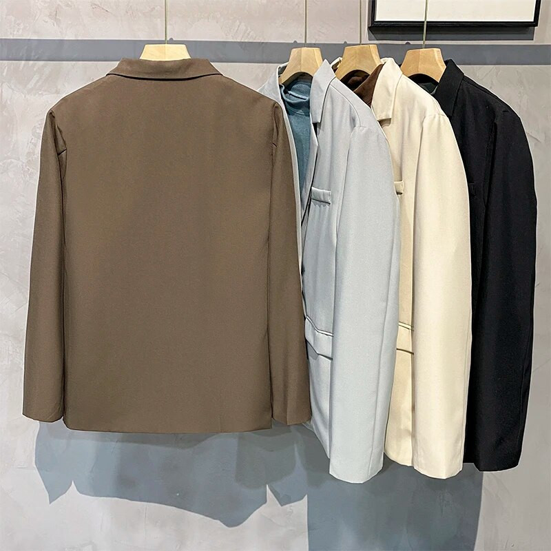 Pánske ležérne sako, jesenné vrecovité sako, kórejské módne šaty, pevné kancelárske bundy, pánske obchodné formálne značkové oblečenie, káva
