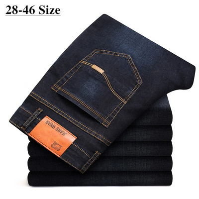Plus Size Classic Men`s Slim Straight Jeans Fashion Business Casual Elastic Denim Pants Black Blue Brand Trousers 40 42 44 46