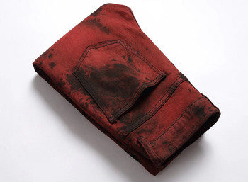 Марка Мъжки дънки Висококачествени тънки вратовръзки dye Snow Wash Brick Red Denim Straight Pants Vintage Streetwear Модни ежедневни панталони