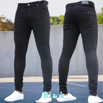 Pantaloni pentru bărbați Blugi elastici de culoare pură Pantaloni de lucru casual slim Fit pentru bărbați Vintage spălat Pantaloni creion de dimensiuni mari Blugi skinny pentru bărbați