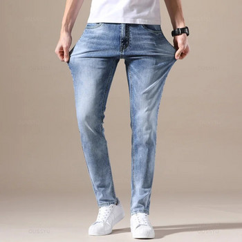 OUSSYU Brand Clothing Jeans Мъжки висококачествени еластични светлосини деним Модни плисирани ретро джобни тесни панталони Панталони 28-40