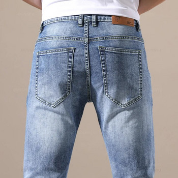 OUSSYU Brand Clothing Jeans Мъжки висококачествени еластични светлосини деним Модни плисирани ретро джобни тесни панталони Панталони 28-40
