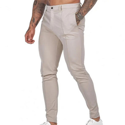 Pantaloni pentru bărbați Eleganti Pantaloni slim pentru afaceri pentru bărbați, țesătură moale și subțire, respirabile, cu buzunare înclinate până la gleznă, cu fermoar cu nasturi