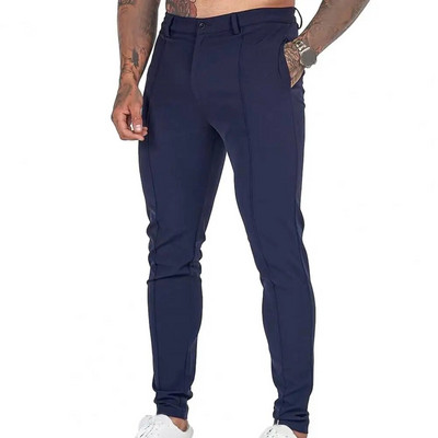 Pantaloni pentru bărbați Eleganti Pantaloni slim pentru afaceri pentru bărbați, țesătură moale și subțire, respirabile, cu buzunare înclinate până la gleznă, cu fermoar cu nasturi