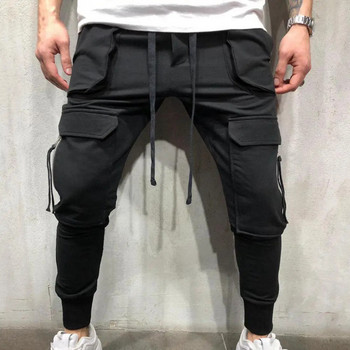 Тренировъчен панталон с много джобове и еластична талия Оребрени глезени Едноцветни шнурове Мъжки карго панталони Работно облекло