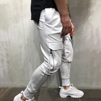 Тренировъчен панталон с много джобове и еластична талия Оребрени глезени Едноцветни шнурове Мъжки карго панталони Работно облекло