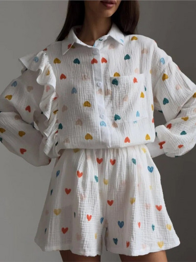 Dámske bavlnené teplákové súpravy, košeľové šortky, dvojdielna súprava, módne volánikové šortky s dlhým rukávom, oblek 2023, letné ležérne dámske outfity