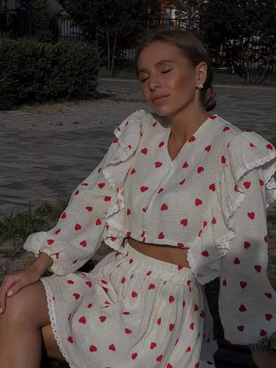 Dámske bavlnené teplákové súpravy, košeľové šortky, dvojdielna súprava, módne volánikové šortky s dlhým rukávom, oblek 2023, letné ležérne dámske outfity