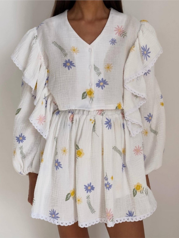 Dámske bavlnené teplákové súpravy, košeľové šortky, dvojdielna súprava, módne volánikové šortky s dlhým rukávom, oblek 2023, letné ležérne dámske outfity