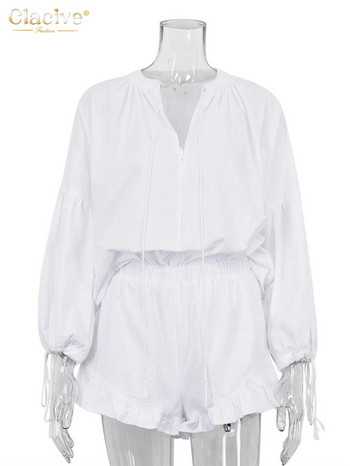 Clacive Ежедневни свободни бели памучни комплекти от 2 части Дамско облекло Елегантна риза с дантелени ръкави и къси панталони с волани с висока талия