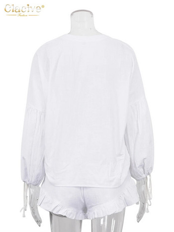Clacive Ежедневни свободни бели памучни комплекти от 2 части Дамско облекло Елегантна риза с дантелени ръкави и къси панталони с волани с висока талия