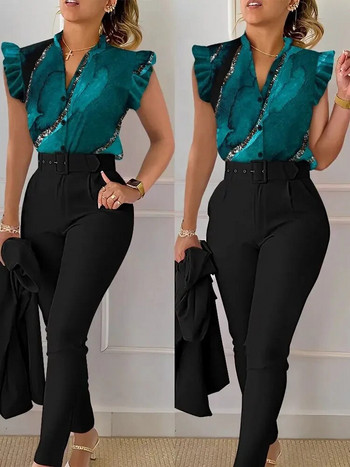 Κομψό γυναικείο σετ δύο τεμαχίων κοστούμια Νέα μόδα εμπριμέ με βολάν πάνω μονόχρωμο παντελόνι σετ με ζώνη μπλούζες Γυναικεία ρούχα