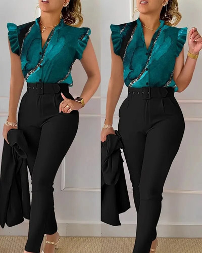 Elegantni ženski dvodijelni komplet odijela, nova modna majica s rukavima s volanima, jednobojni komplet hlača s remenom, bluze, ženska odjeća