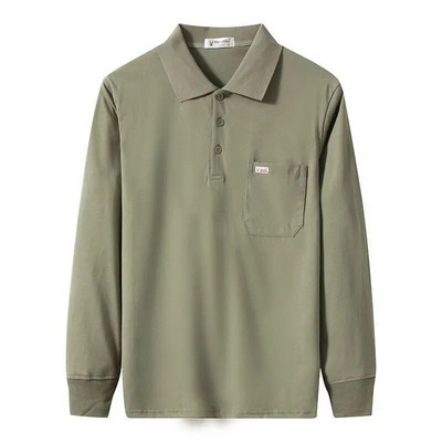 Tricou cu mânecă lungă pentru bărbați Tricou POLO din bumbac pur Bărbați de vârstă mijlocie, de primăvară și toamnă, lejer, buzunar, top pentru bărbați