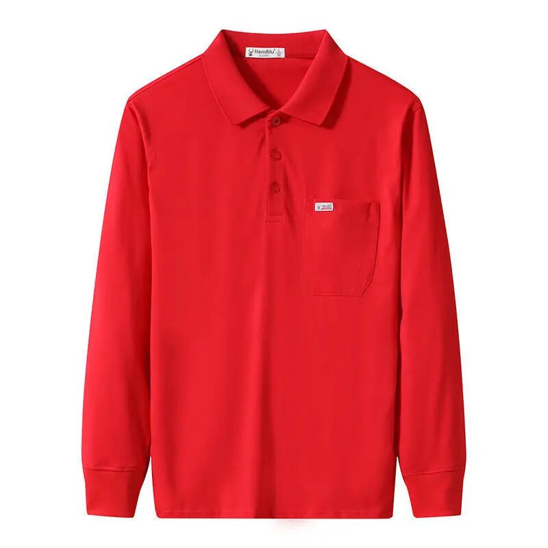 Tricou cu mânecă lungă pentru bărbați Tricou POLO din bumbac pur Bărbați de vârstă mijlocie, de primăvară și toamnă, lejer, buzunar, top pentru bărbați