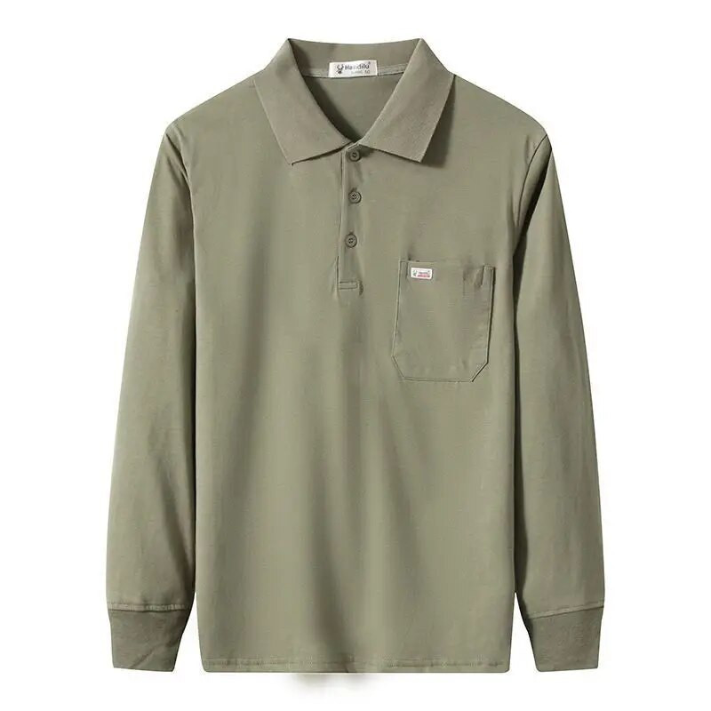 Tricou cu mânecă lungă pentru bărbați Tricou POLO din bumbac pur Bărbați de vârstă mijlocie, de primăvară și toamnă, lejer, buzunar, top pentru bărbați