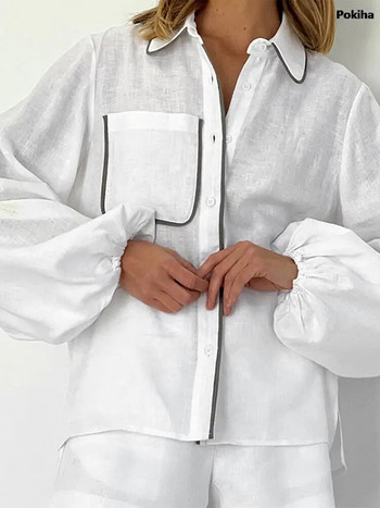 Елегантни летни пачуърк ленени комплекти от две части Дамска мода Ежедневни свободни блузи с дълъг ръкав Тениски и къси шорти Шик