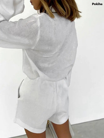 Елегантни летни пачуърк ленени комплекти от две части Дамска мода Ежедневни свободни блузи с дълъг ръкав Тениски и къси шорти Шик
