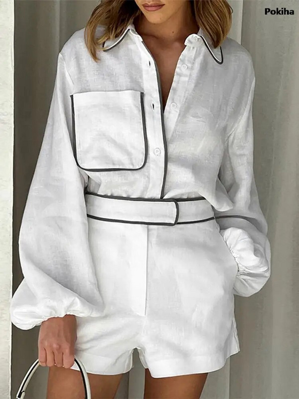 Elegantiški vasariniai lininiai dviejų dalių rinkiniai Moteriški madingi ilgomis rankovėmis laisvalaikio laisva palaidinė T Marškinėliai ir šortai Apranga Prašmatnus