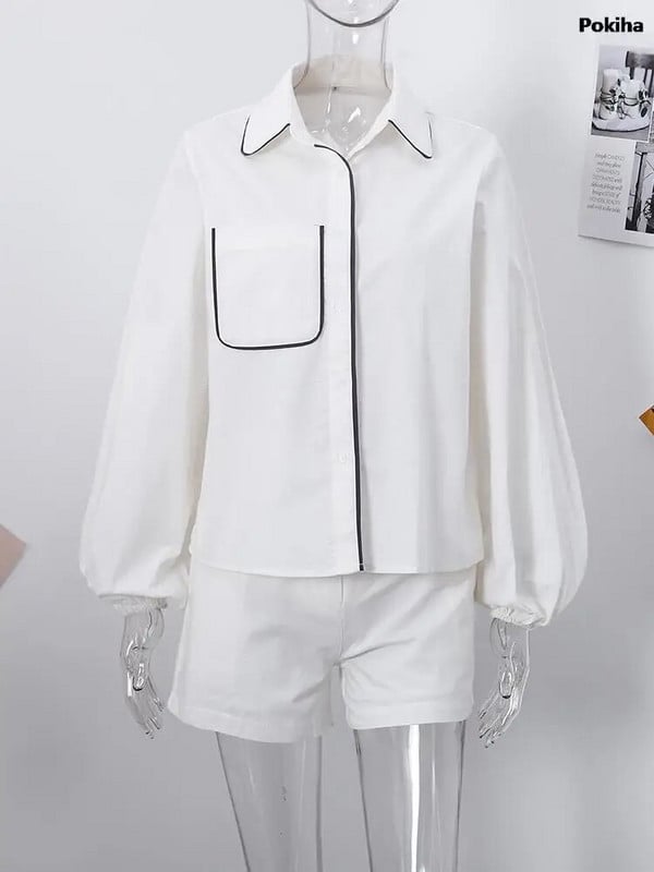 Elegantiški vasariniai lininiai dviejų dalių rinkiniai Moteriški madingi ilgomis rankovėmis laisvalaikio laisva palaidinė T Marškinėliai ir šortai Apranga Prašmatnus