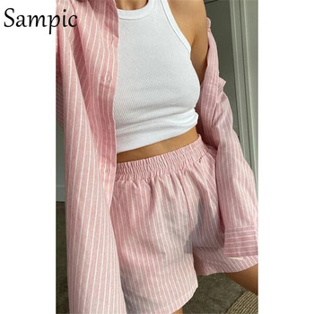 Sampic Loung Wear Анцуг Дамски комплект къси панталони Риза с дълги ръкави на райе и свободни високи мини шорти Комплекти от две части 2021