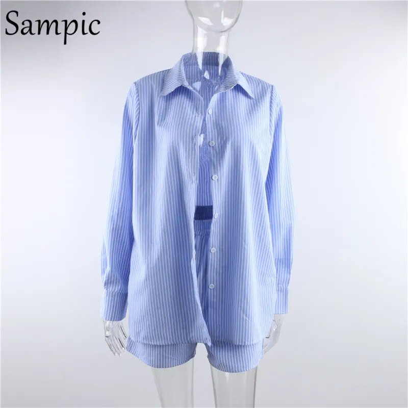 Sampic Loung Wear spordidressi naiste lühikeste pükste komplekt, triibuline pikkade varrukatega särgi topid ja vöökoht lahtised kõrged mini lühikesed püksid, kaheosalised 2021. aasta komplektid